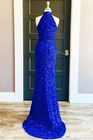 Vestido de fiesta largo azul rey con cuello alto y lentejuelas y abertura SYP91