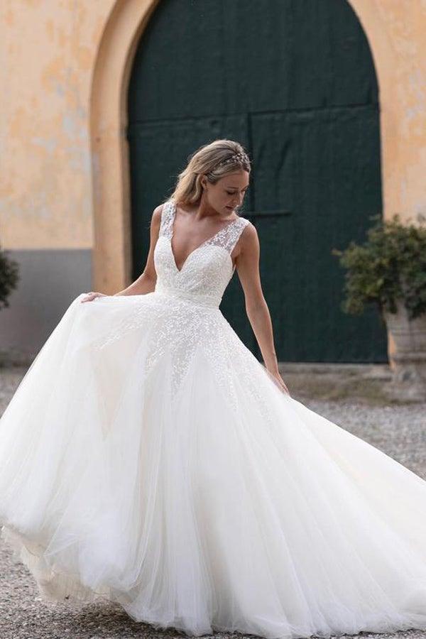 Sequins Lace V-neck Neckline Chapel Train A-line Wedding Dresses WD563 Hover Image
