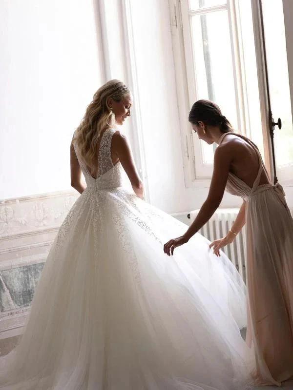 Sequins Lace V-neck Neckline Chapel Train A-line Wedding Dresses WD563 by pgmdress