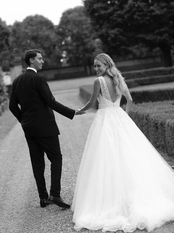 Sequins Lace V-neck Neckline Chapel Train A-line Wedding Dresses WD563 by pgmdress