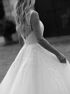 Sequins Lace V-neck Neckline Chapel Train A-line Wedding Dresses WD563 by pgmdress