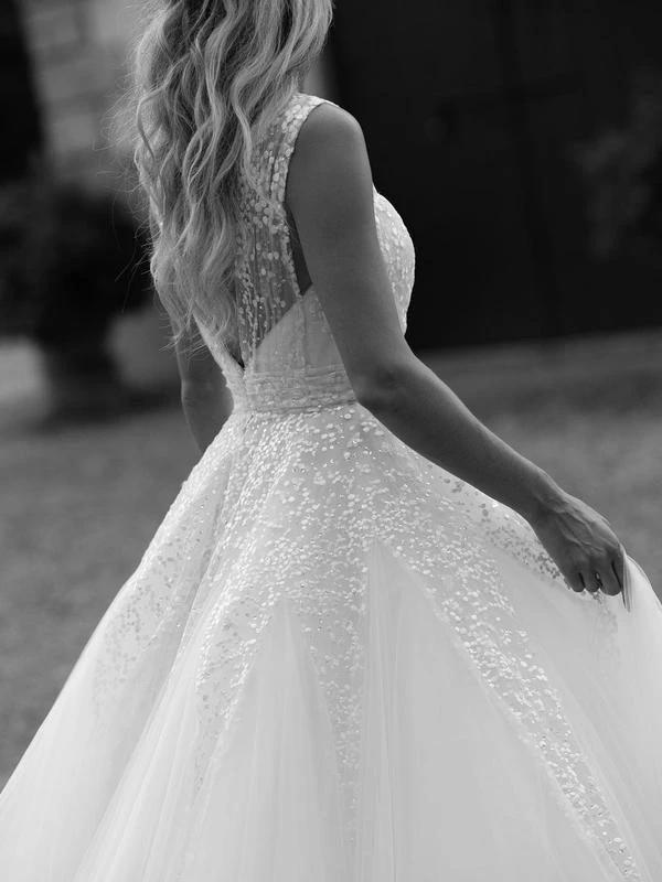 Sequins Lace V-neck Neckline Chapel Train A-line Wedding Dresses WD563 by pgmdress