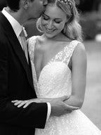 Sequins Lace V-neck Neckline Chapel Train A-line Wedding Dresses WD563 by pgmdress