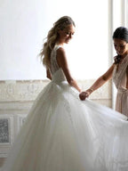 Sequins Lace V-neck Neckline Chapel Train A-line Wedding Dresses WD563 by pgmdress