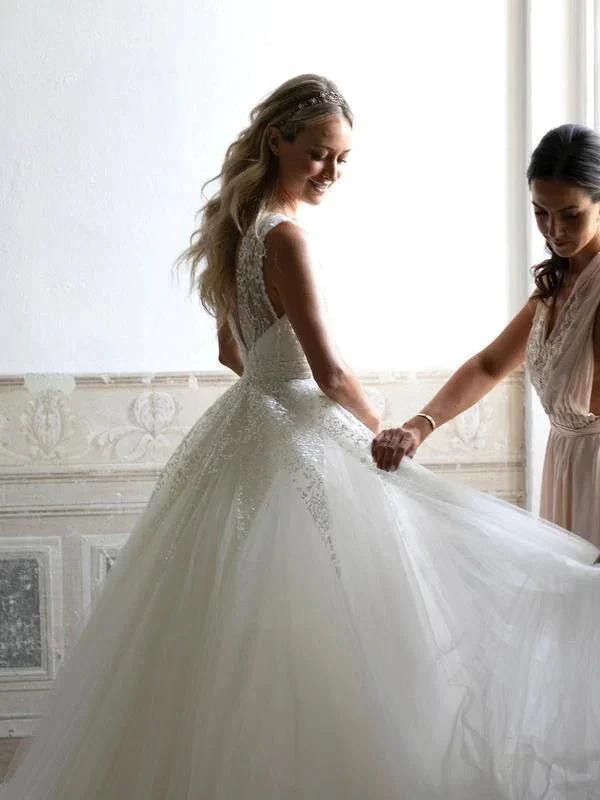 Sequins Lace V-neck Neckline Chapel Train A-line Wedding Dresses WD563 by pgmdress