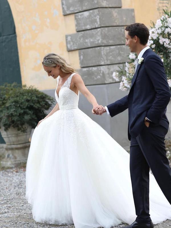 Sequins Lace V-neck Neckline Chapel Train A-line Wedding Dresses WD563 by pgmdress