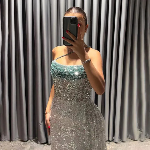 Luxury Blue One Shoulder Evening Dress with Overskirt LA72434