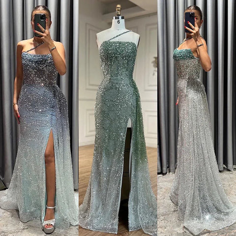 Luxury Blue One Shoulder Evening Dress with Overskirt LA72434
