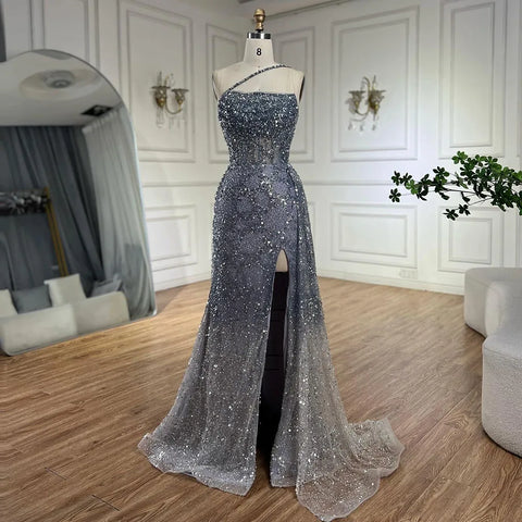 Luxury Blue One Shoulder Evening Dress with Overskirt LA72434