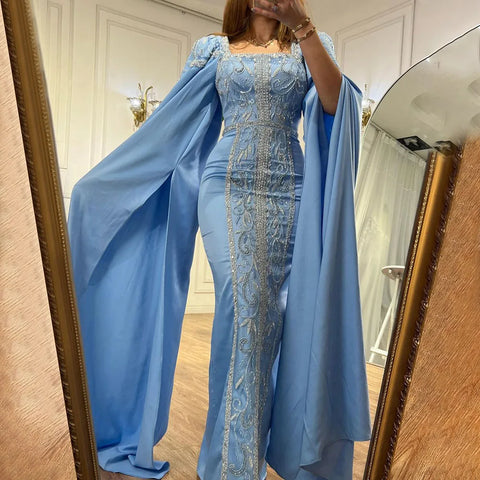 Luxury Blue Mermaid Muslim Evening Dresses with Cape Sleeves  LA72050