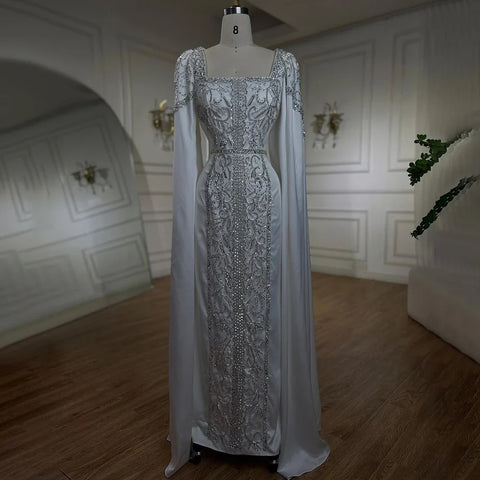 Luxury Blue Mermaid Muslim Evening Dresses with Cape Sleeves  LA72050
