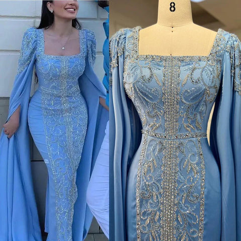 Luxury Blue Mermaid Muslim Evening Dresses with Cape Sleeves  LA72050