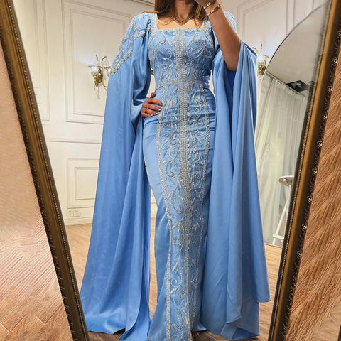 Luxury Blue Mermaid Muslim Evening Dresses with Cape Sleeves  LA72050