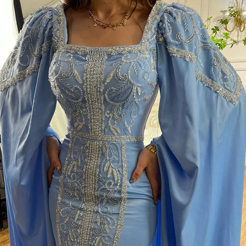 Luxury Blue Mermaid Muslim Evening Dresses with Cape Sleeves  LA72050