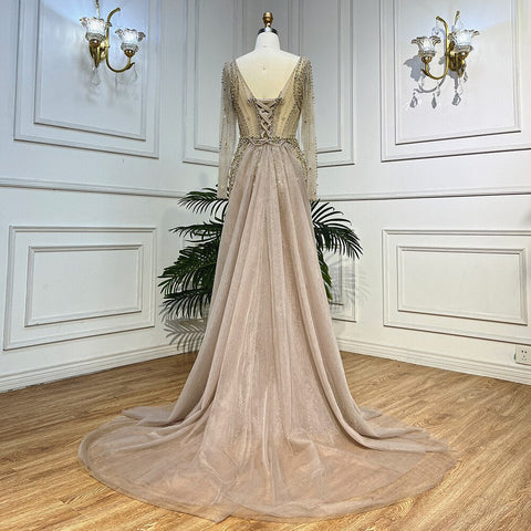 Vestido de noche de lujo color caramelo con mangas largas y sobrefalda LA72014