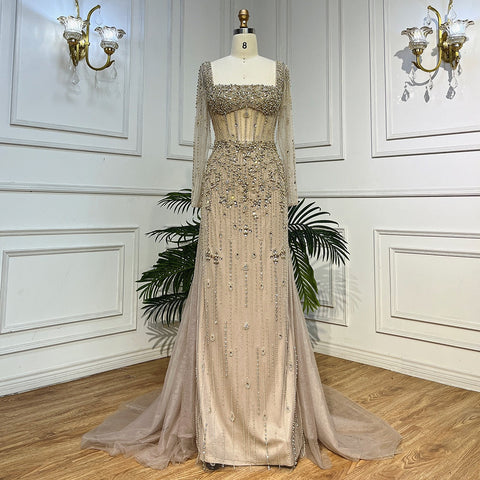 Vestido de noche de lujo color caramelo con mangas largas y sobrefalda LA72014