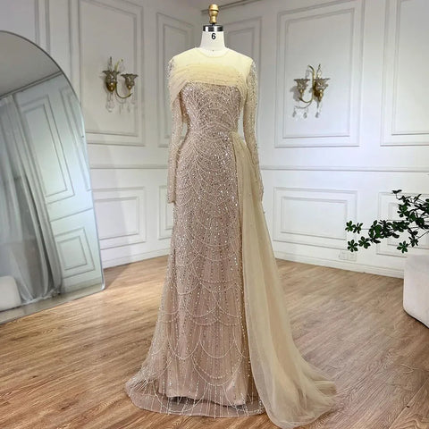 Luxury Champagne Mermaid Long Sleeves Arabic Evening Dress LA72254A