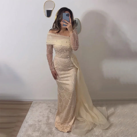Luxury Champagne Mermaid Long Sleeves Arabic Evening Dress LA72254A