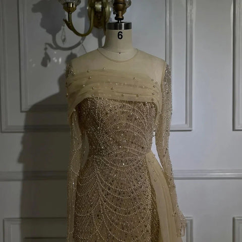 Luxury Champagne Mermaid Long Sleeves Arabic Evening Dress LA72254A