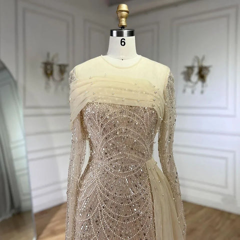 Luxury Champagne Mermaid Long Sleeves Arabic Evening Dress LA72254A