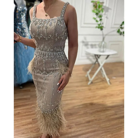Luxury Crystal Feathers Blue Lace Midi Arabic Evening Dress Gown LA71492A