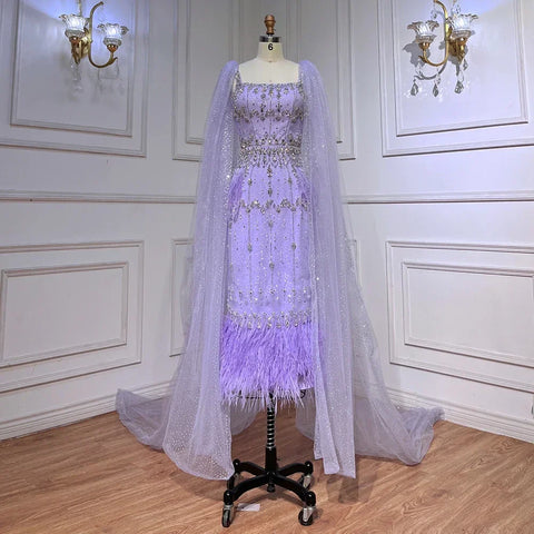 Luxury Crystal Feathers Blue Lace Midi Arabic Evening Dress Gown LA71492A