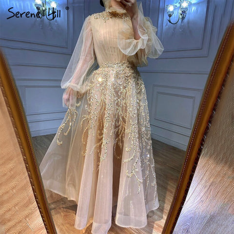 Luxury Champagne Long Sleeve Muslim Evening Dress LA71035