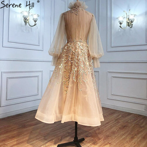 Luxury Champagne Long Sleeve Muslim Evening Dress LA71035