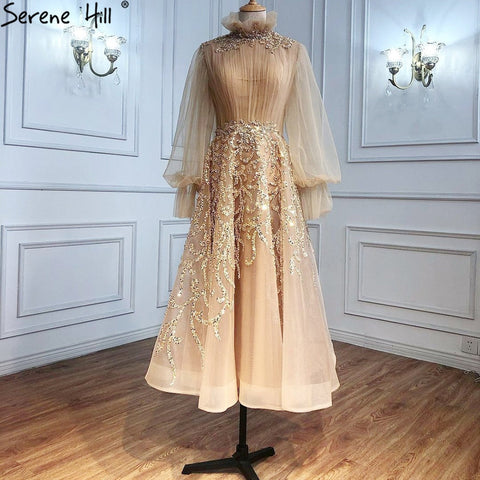 Luxury Champagne Long Sleeve Muslim Evening Dress LA71035