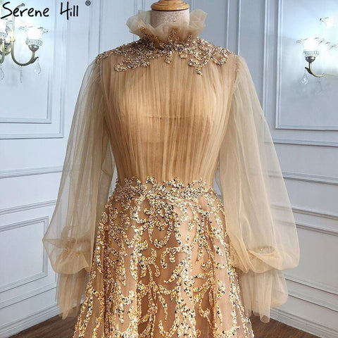 Luxury Champagne Long Sleeve Muslim Evening Dress LA71035