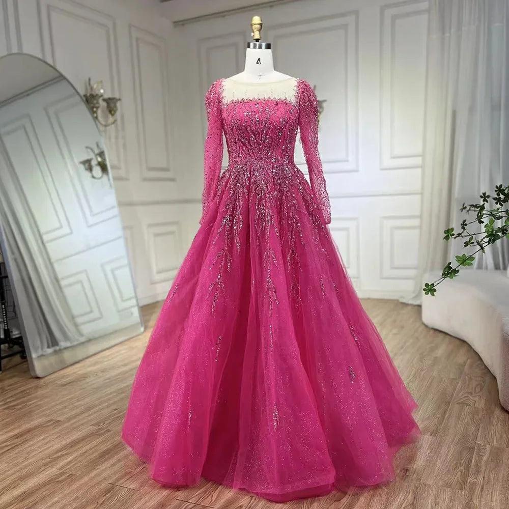 Serene Hill Muslim Pink A Line Beaded Luxury Dubai Long Evening Dresses Gowns   For Woman Wedding Party