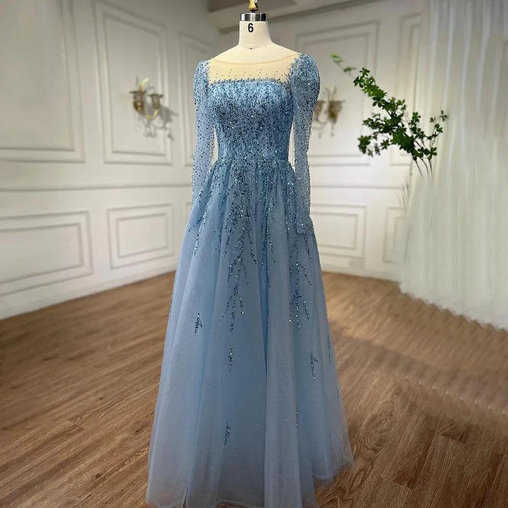 Serene Hill Muslim Pink A Line Beaded Luxury Dubai Long Evening Dresses Gowns   For Woman Wedding Party