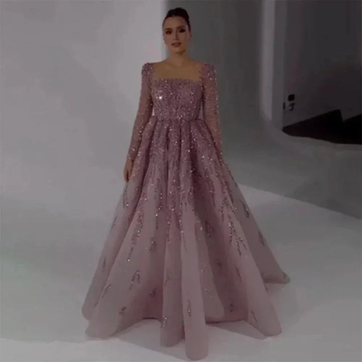 Serene Hill Muslim Pink A Line Beaded Luxury Dubai Long Evening Dresses Gowns For Woman Wedding Party by SERENE HILL