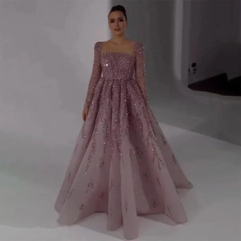 Serene Hill - Vestidos de noche largos de Dubái, de lujo, musulmanes, rosas, corte A, con cuentas, para mujer, para fiesta de bodas 