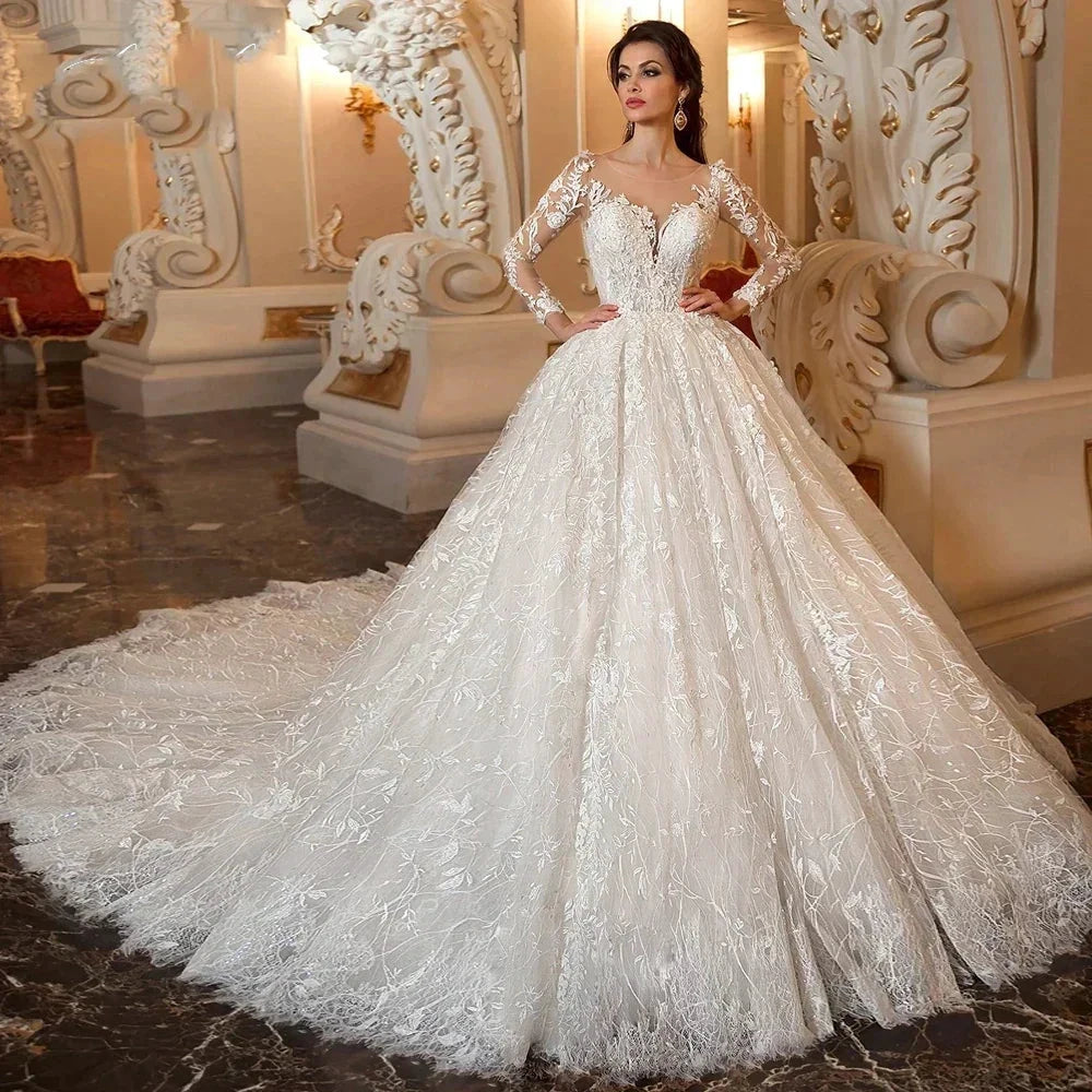 Sexy A-line V-neck Bespoke Wedding Dress 2023 Italian Exquisite Lace White Tulle Long Sleeve Train Button Bride Dress by payinti