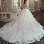 Sexy A-line V-neck Bespoke Wedding Dress 2023 Italian Exquisite Lace White Tulle Long Sleeve Train Button Bride Dress by payinti