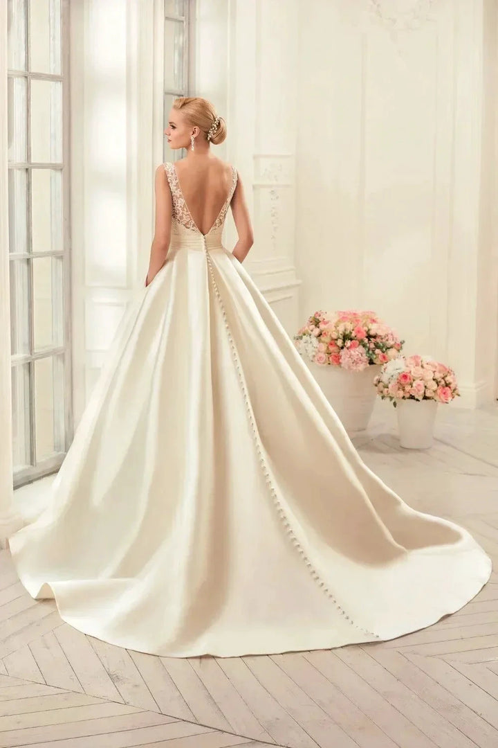 Sexy Backless Satin Wedding Dresses 2023 Chapel Train Bridal Gowns Ivory vestido noiva princesa by payinti