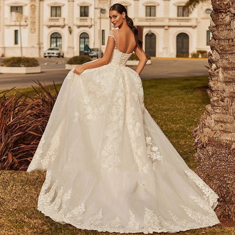 Sexy Backless Vestidos De Novia Appliques Vestido De Noiva Cap Sleeve Wedding Dresses Lace Robe De Mariée
