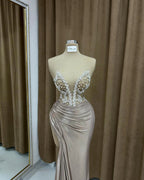 Sexy Column Strapless Sleeveless Ruffles Satin Split Front Prom Dress by misshow.com