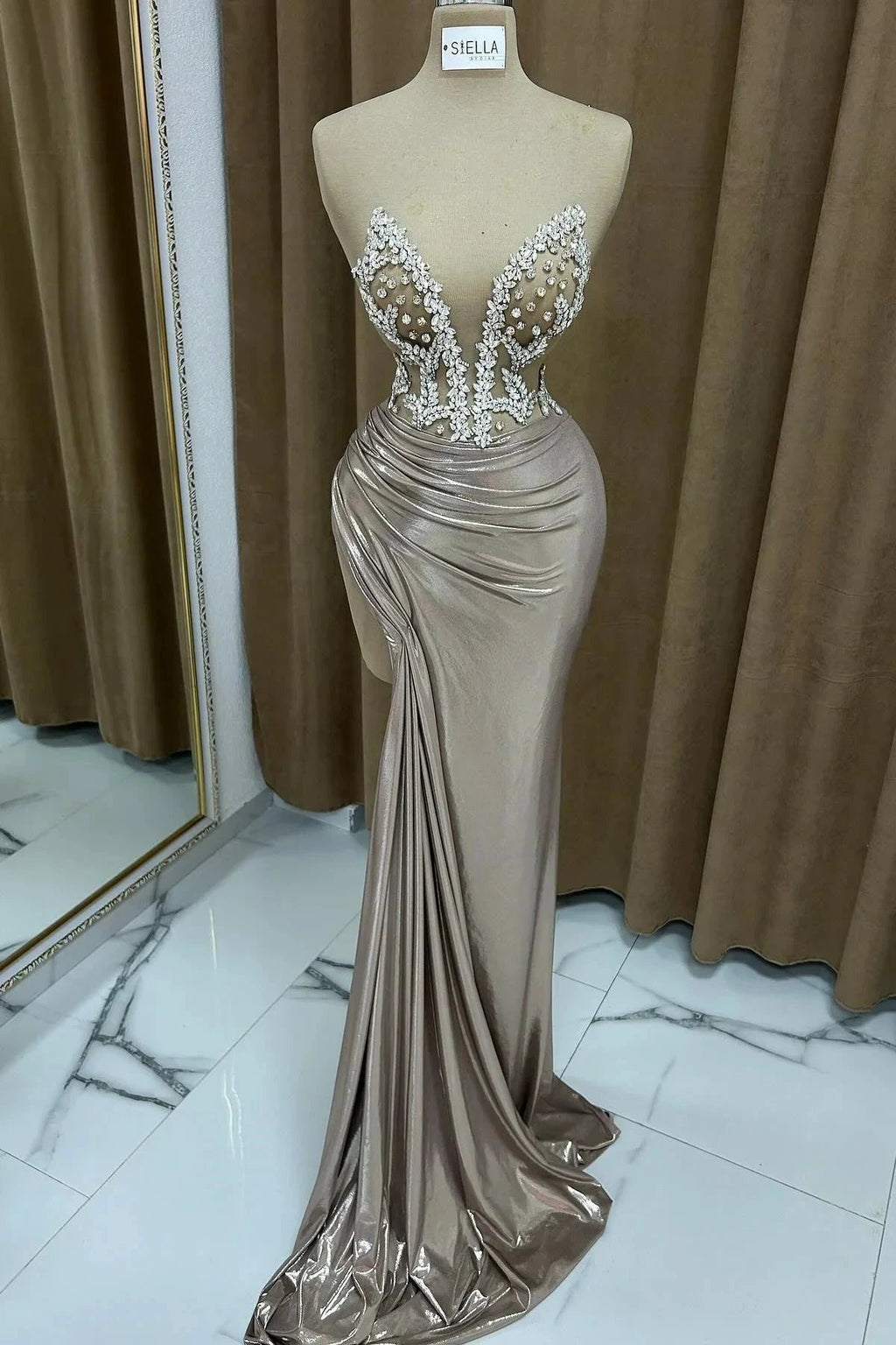 Sexy Column Strapless Sleeveless Ruffles Satin Split Front Prom Dress by misshow.com