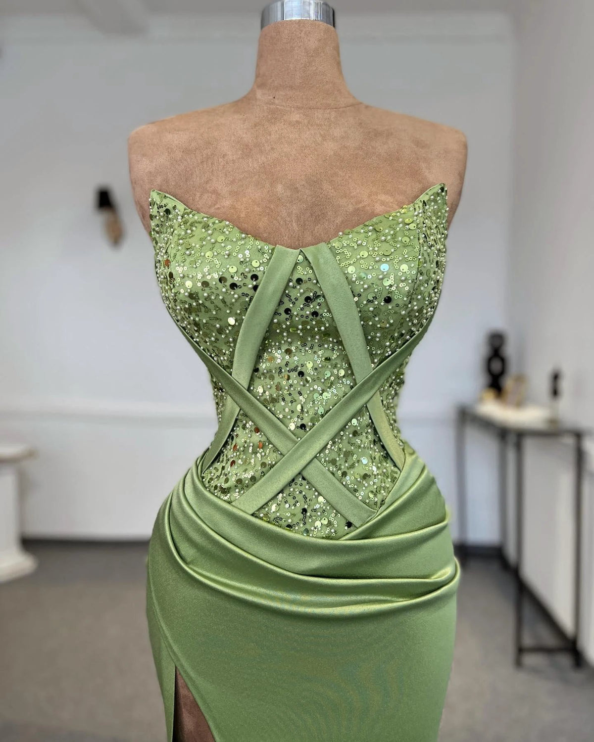 Sexy Column Strapless Sleeveless Sequined Satin Prom Dress Woman by misshow.com