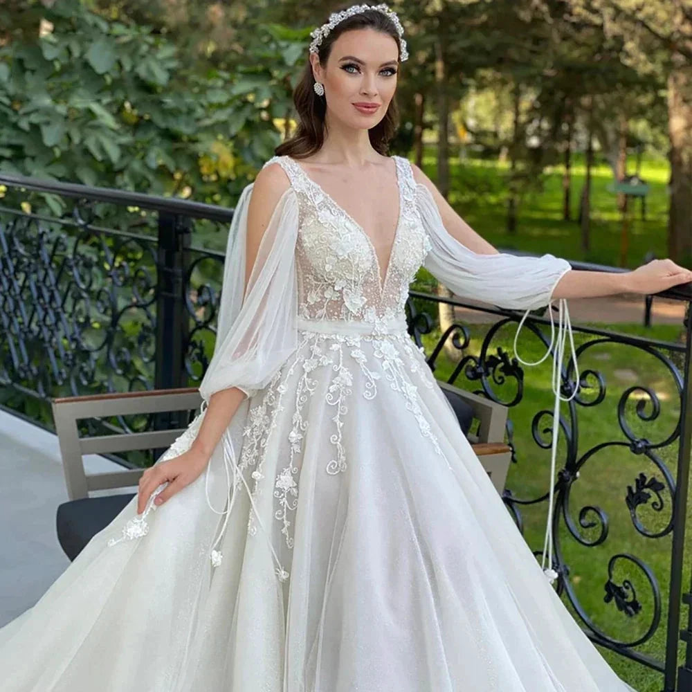 Sexy Deep V Neck Wedding Dress A-Line 3/4 Sleeve Open Back Tulle Lace Appliquéd Boho Bridal Gown Vestidos Custom by payinti