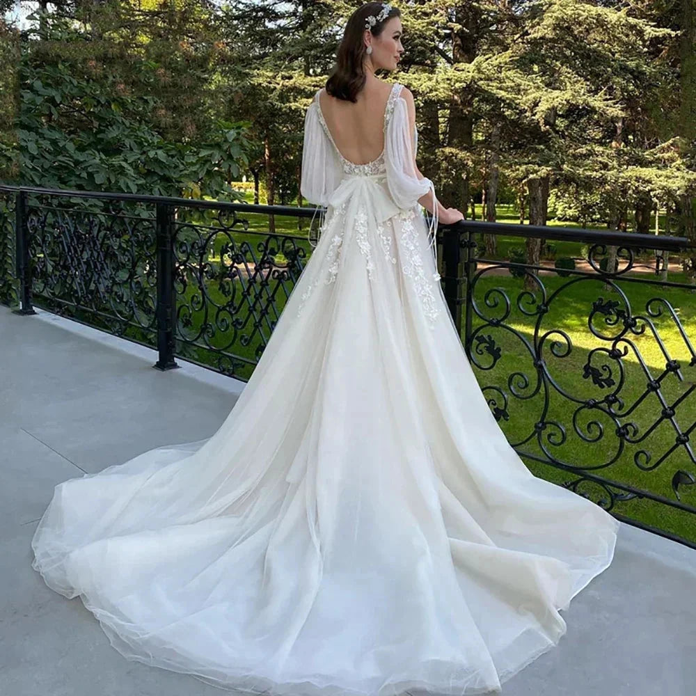 Sexy Deep V Neck Wedding Dress A-Line 3/4 Sleeve Open Back Tulle Lace Appliquéd Boho Bridal Gown Vestidos Custom by payinti