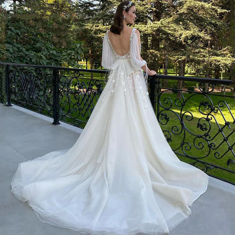 Sexy Deep V Neck Wedding Dress A-Line 3/4 Sleeve Open Back Tulle Lace Appliquéd Boho Bridal Gown Vestidos Custom