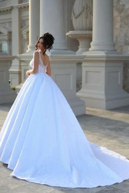 Sexy Floor-Length Straps Sleeveless V-Neck Beadings Ball Gown Wedding Dresses with Lace by misshow.com