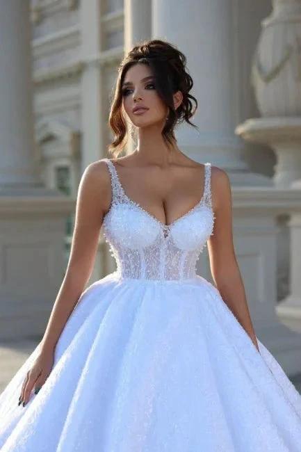 Sexy Floor-Length Straps Sleeveless V-Neck Beadings Ball Gown Wedding Dresses with Lace by misshow.com