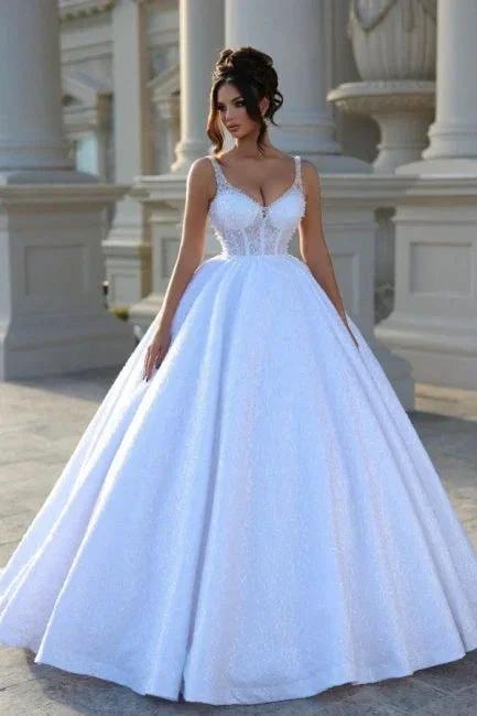 Sexy Floor-Length Straps Sleeveless V-Neck Beadings Ball Gown Wedding Dresses with Lace by misshow.com