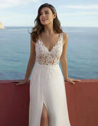 Sexy High Split Boho Chiffon Beach Wedding Dresses Summer V Neck Illusion Back Lace Bride Wedding Gowns Vestidos De Noiva by payinti