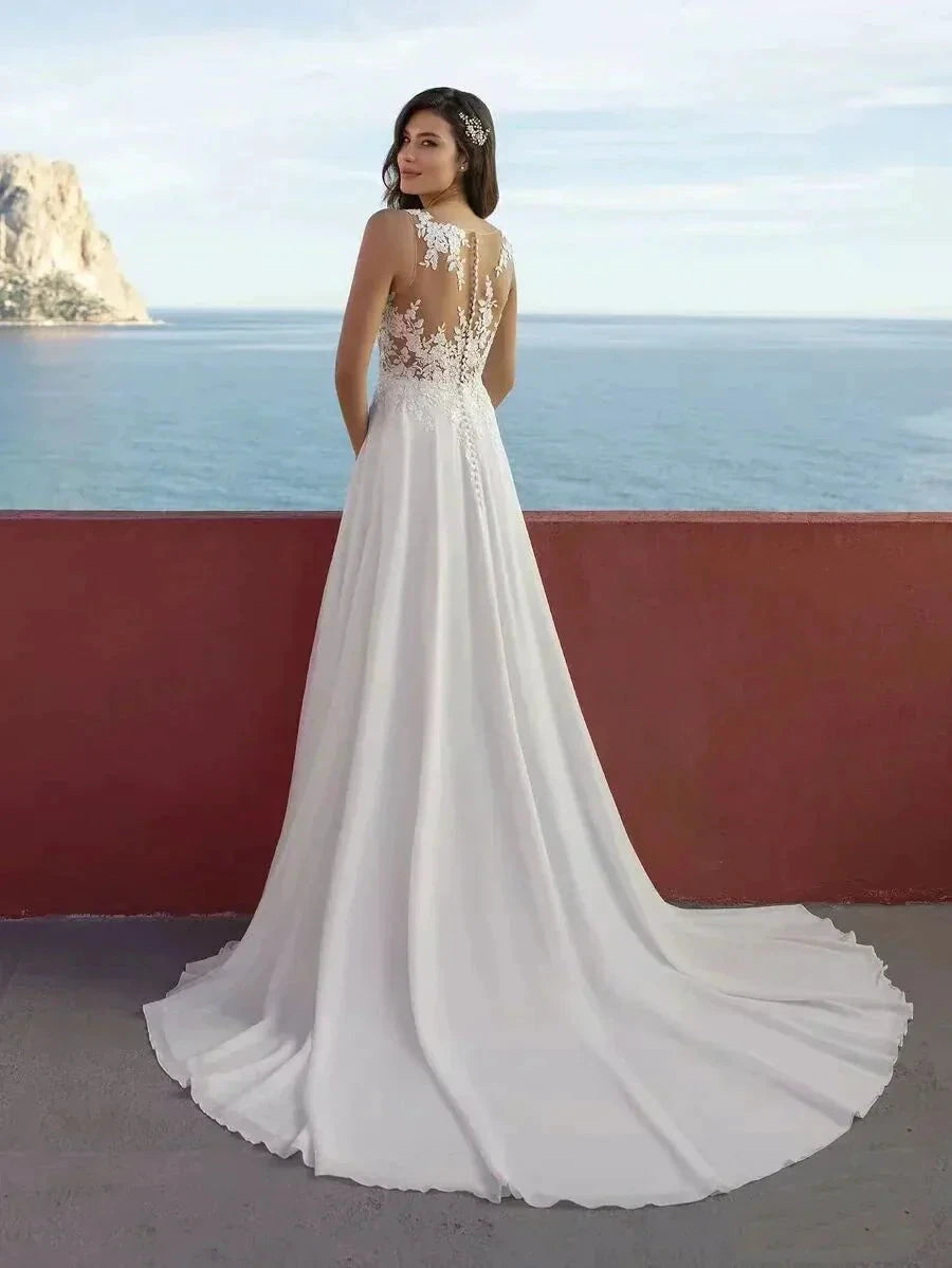 Sexy High Split Boho Chiffon Beach Wedding Dresses Summer V Neck Illusion Back Lace Bride Wedding Gowns Vestidos De Noiva by payinti