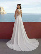 Sexy High Split Boho Chiffon Beach Wedding Dresses Summer V Neck Illusion Back Lace Bride Wedding Gowns Vestidos De Noiva by payinti